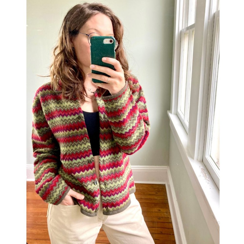 Vintage 90s Y2K Striped Cardigan Lambs Wool Button Up Cottagecore Sweater L